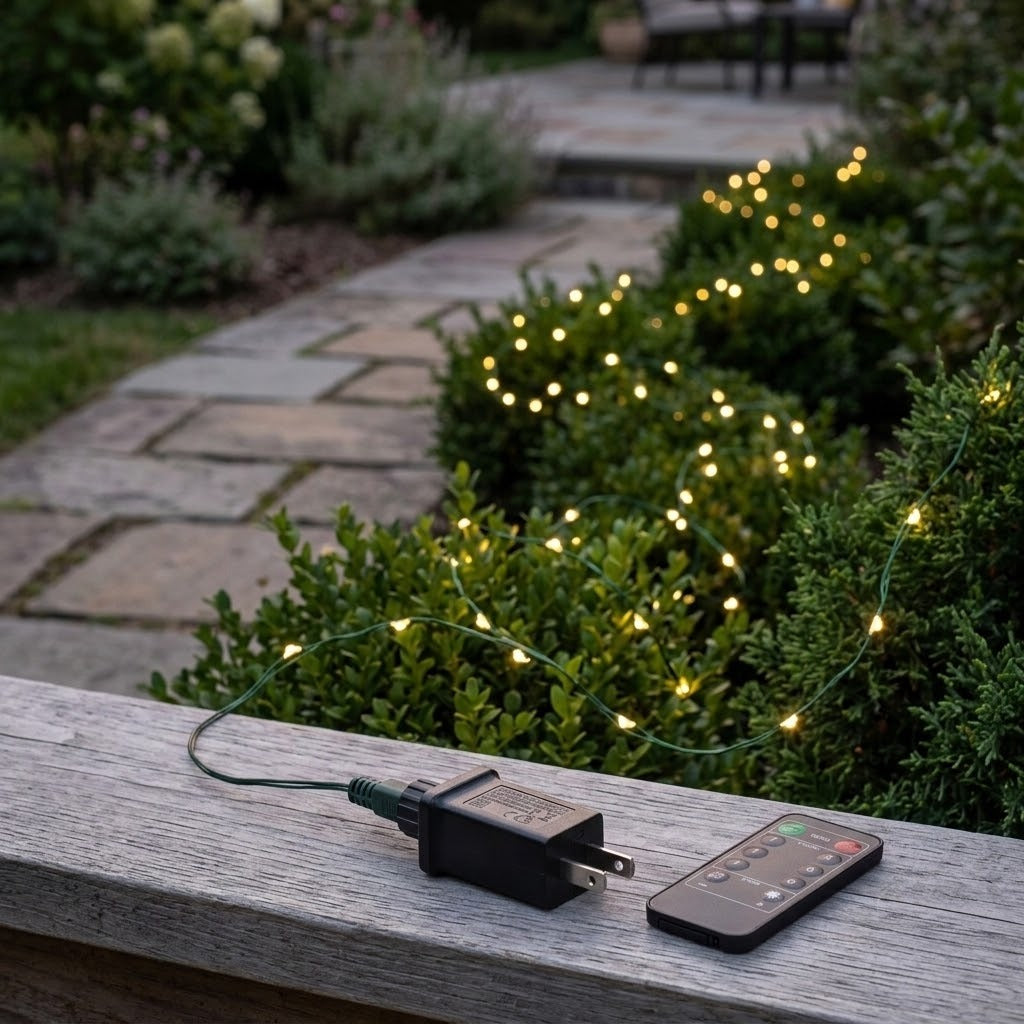 Outdoor string lights draped over green bushes on a stone pathway, with a black wall charger and matching remote control resting on a wooden railing in the foreground.