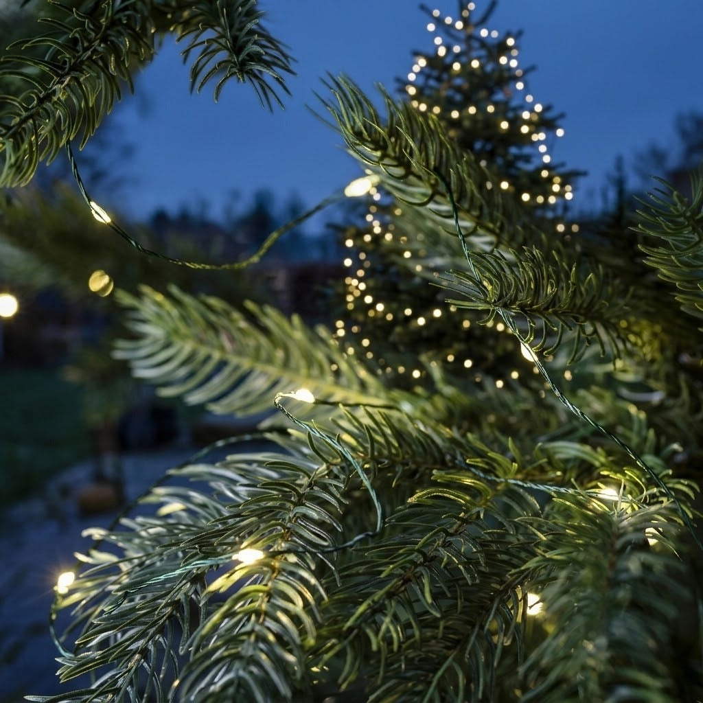 Warm white LED string lights draped over green pine branches, with a softly blurred Christmas tree lit in the background at dusk.