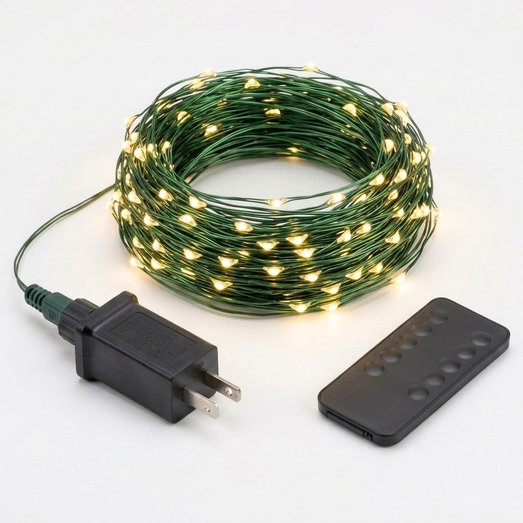 Coiled green wire string lights with warm white LED bulbs, shown with a black wall plug and a black remote control on a light gray background.