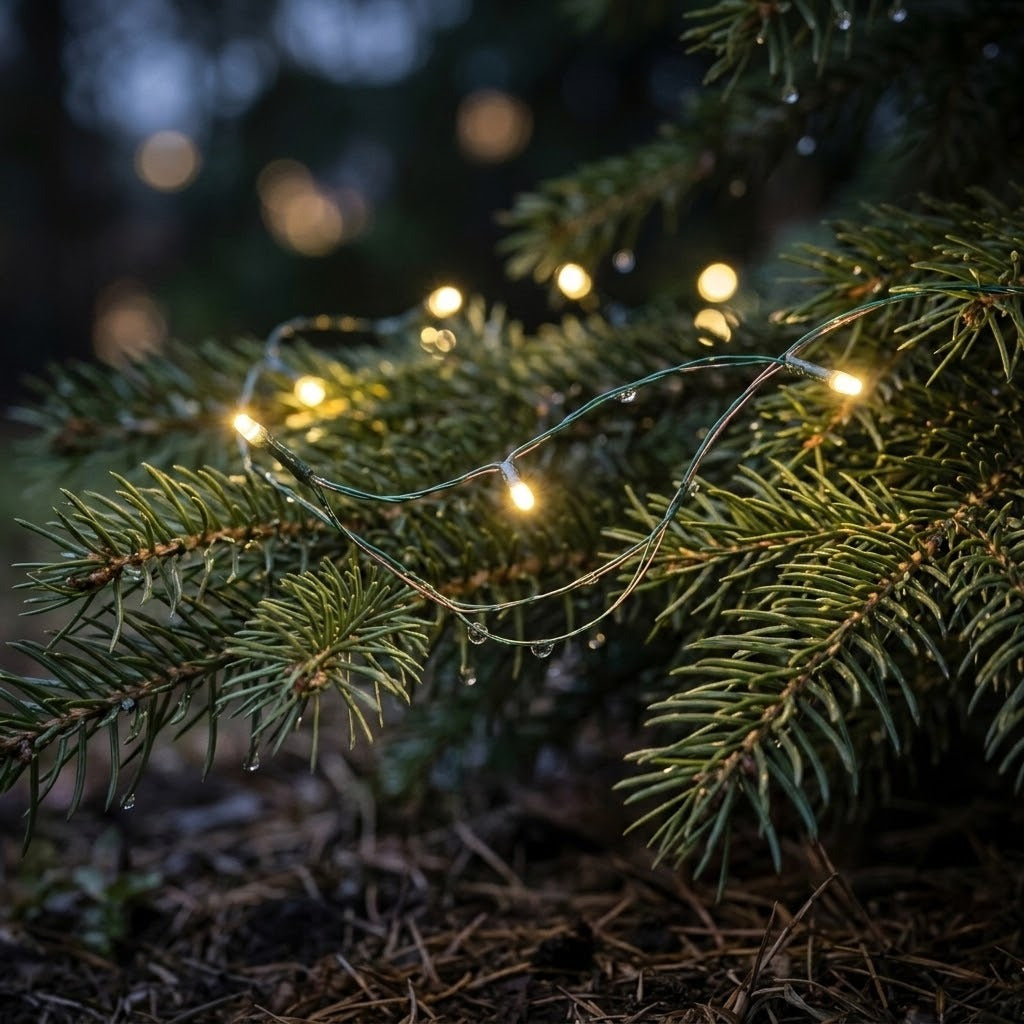 Warm white fairy string lights draped across green pine branches outdoors at night, with soft bokeh lights in the background.