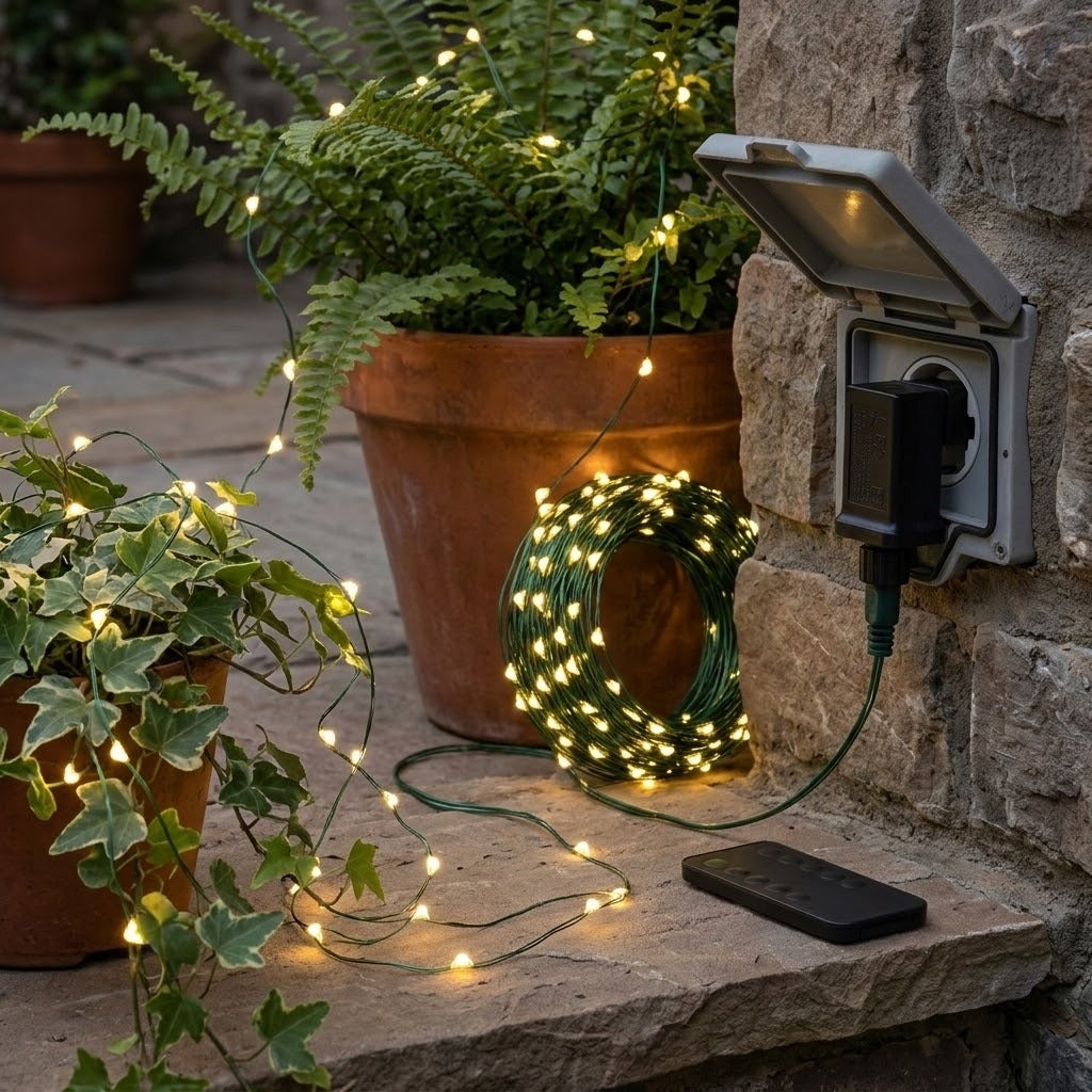 Solar-powered outdoor string lights with warm white LED bulbs, shown coiled on a stone ledge next to a wall outlet with a phone plugged in, with potted ferns in the background.