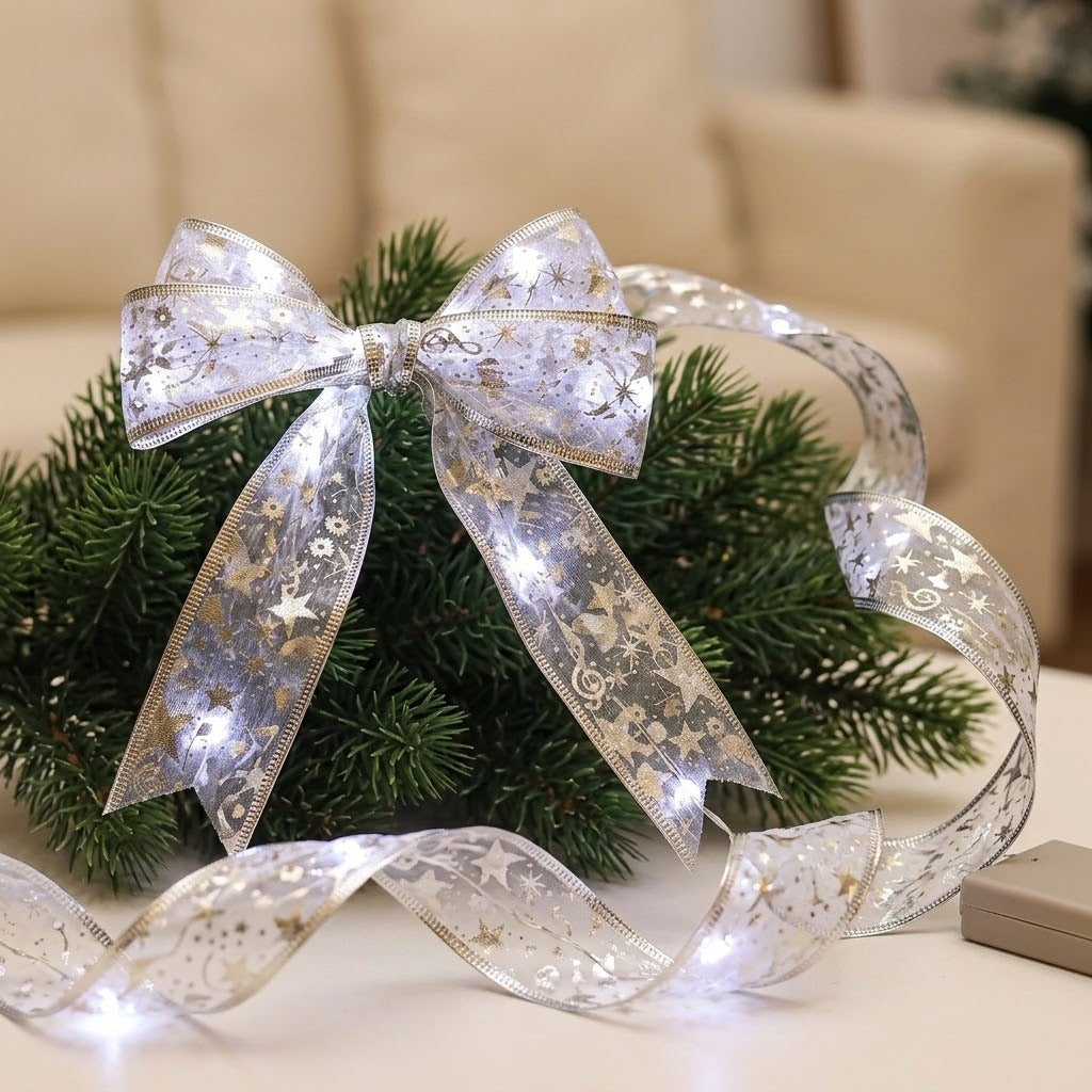 A silver ribbon light string with cool white lights forms a bow and flowing curls over evergreen branches on a tabletop.