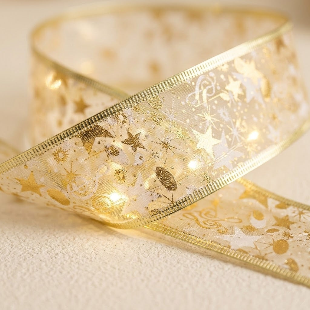 A close-up shows a sheer gold ribbon light string with metallic festive patterns, stitched edges, and warm white lights.