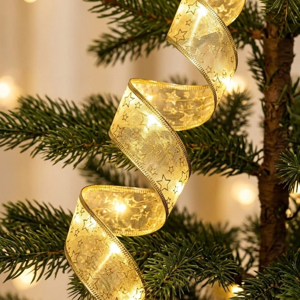 A gold mesh ribbon light string with star patterns and warm white lights spirals between green Christmas tree branches.
