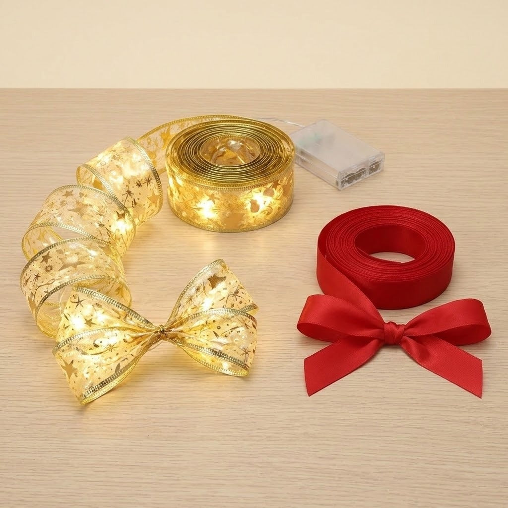 A glowing gold ribbon light string forms coils and a bow beside red ribbon and a clear battery pack on light wood.