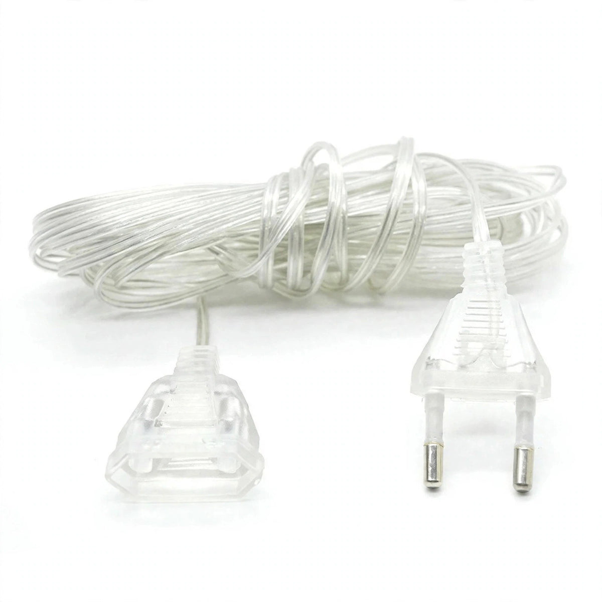 A coiled clear plastic extension cord with a two-pin European plug on one end and a multi-pin plug on the other, shown on a white background.