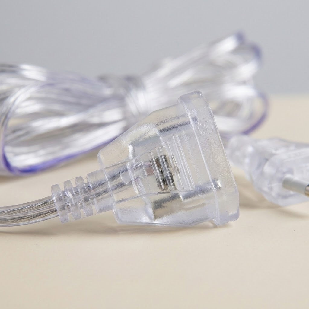 A transparent extension cord’s clear plastic female connector rests on a beige surface, with the bundled cable blurred behind.