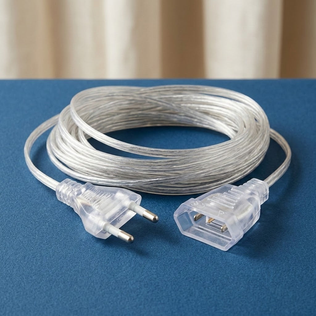A coiled clear plastic extension cord with transparent plugs, resting on a blue surface with a beige curtain in the background.