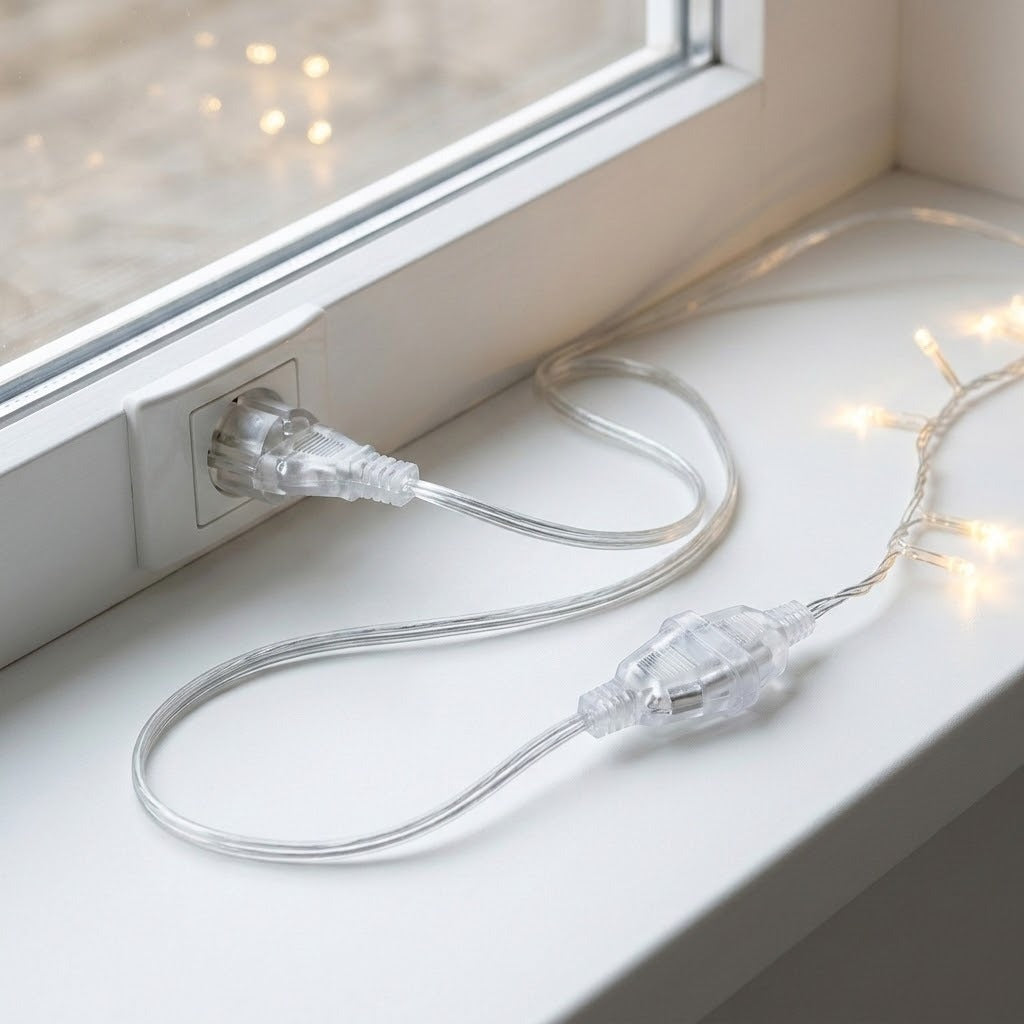 A transparent extension cord loops across a white windowsill, connecting an outlet to warm glowing string lights.