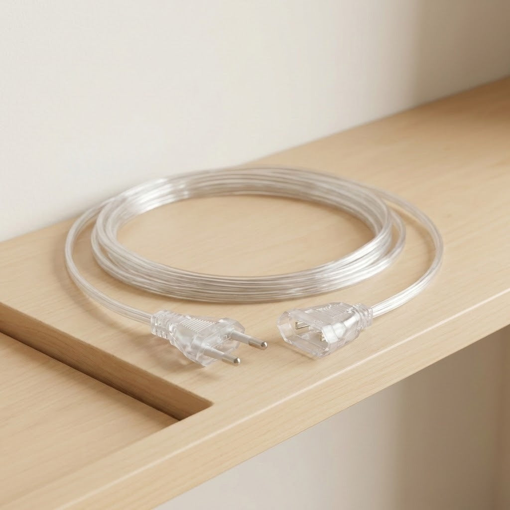 A transparent extension cord rests loosely coiled on a pale wood corner shelf, with its two-round-pin plug and female connector visible.