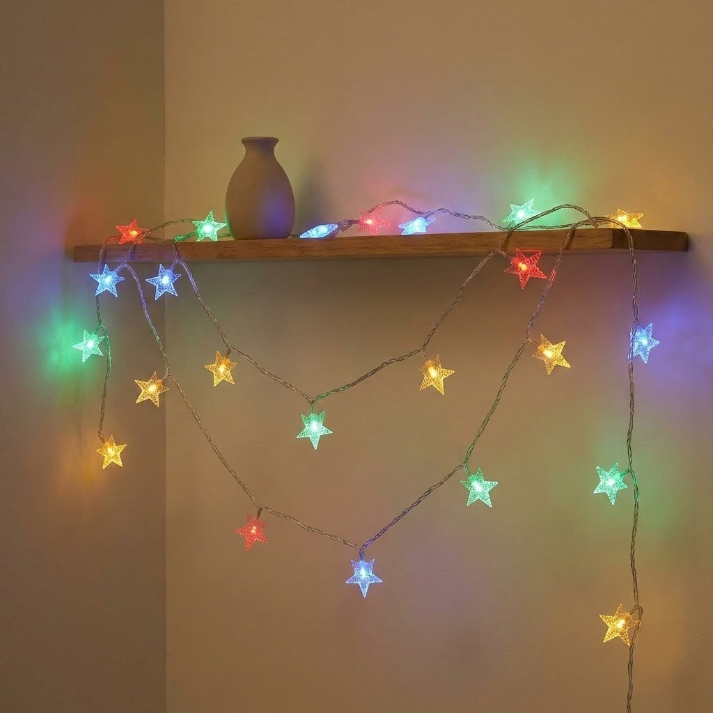 Multicolor star-shaped LED string lights draped over a wooden shelf with a small vase, casting colorful light on a beige wall.
