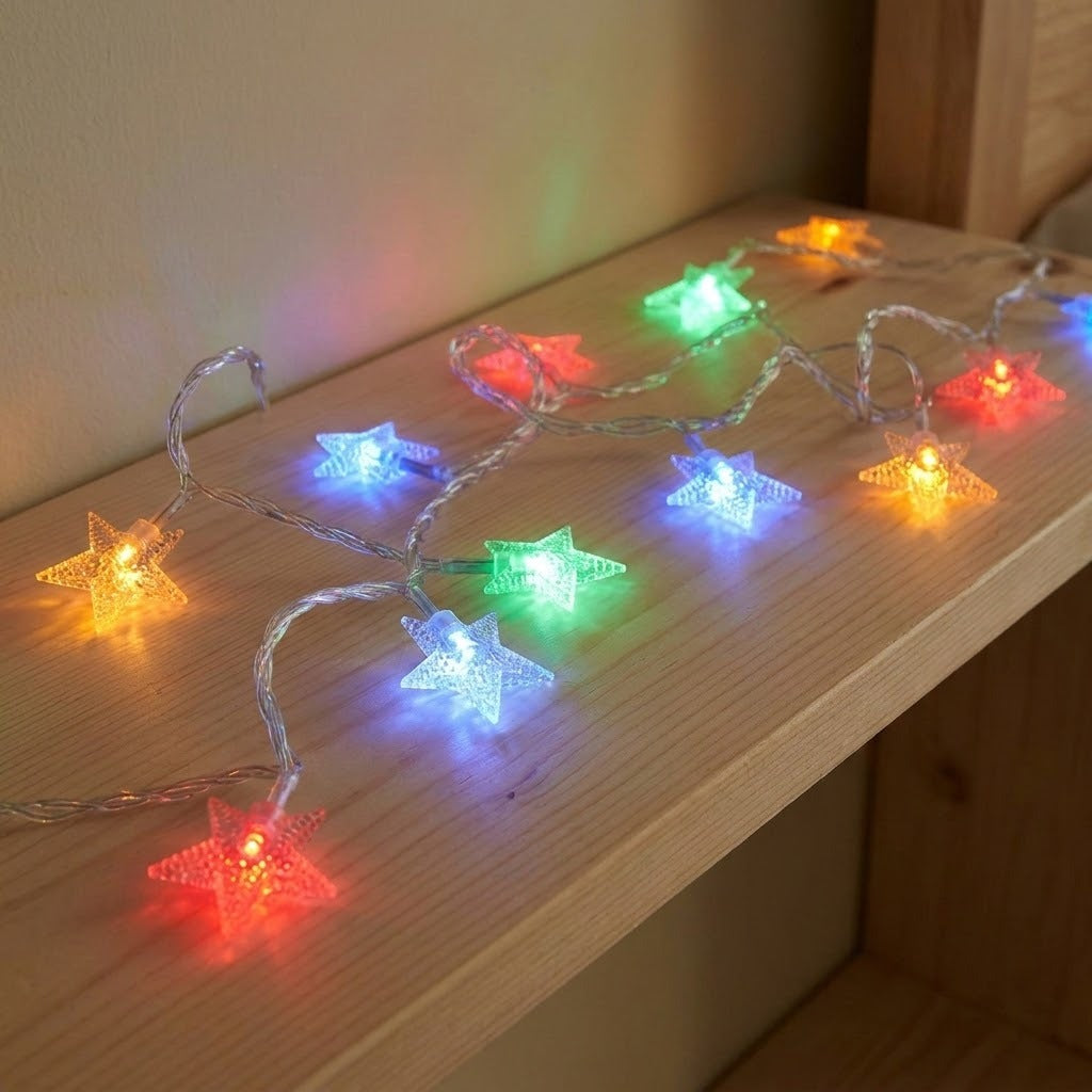 Multicolor star-shaped LED string lights draped across a light wood shelf, glowing in red, orange, yellow, green, blue, and purple.