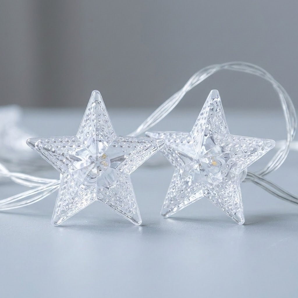 Two clear star-shaped string lights with textured crystal-like surfaces, shown on a soft gray background.