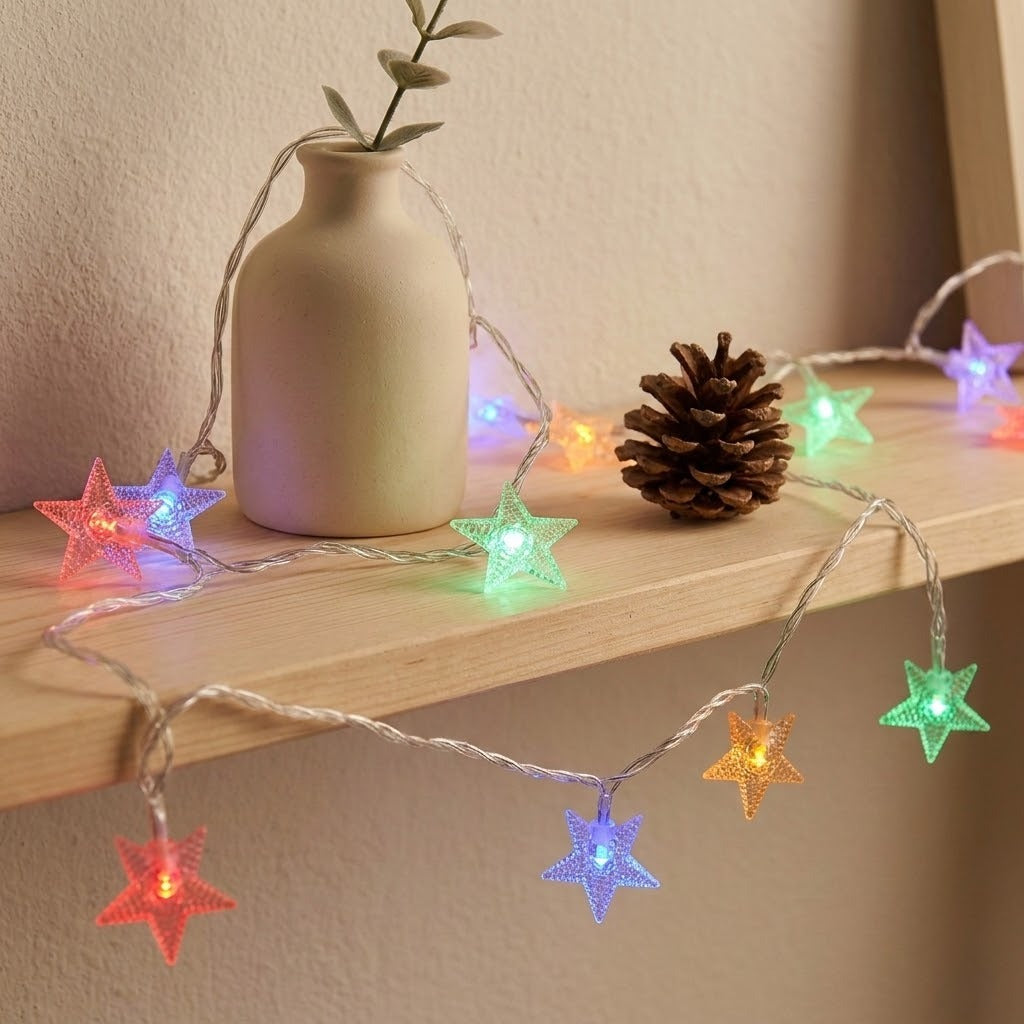 Multicolor LED star-shaped string lights draped over a wooden shelf next to a beige ceramic vase and a pinecone.