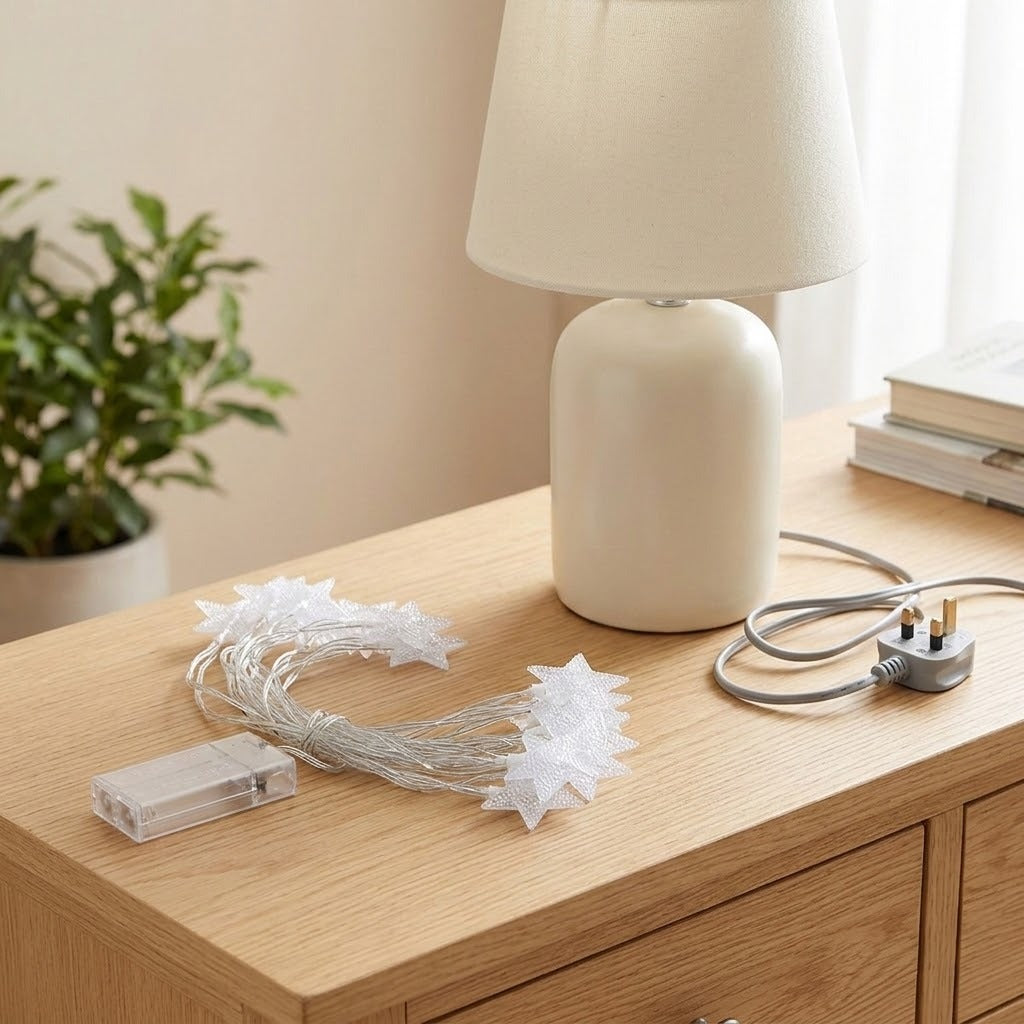 White star-shaped fairy string lights with a clear battery pack and power plug, styled on a light wood bedside table next to a cream-colored table lamp.