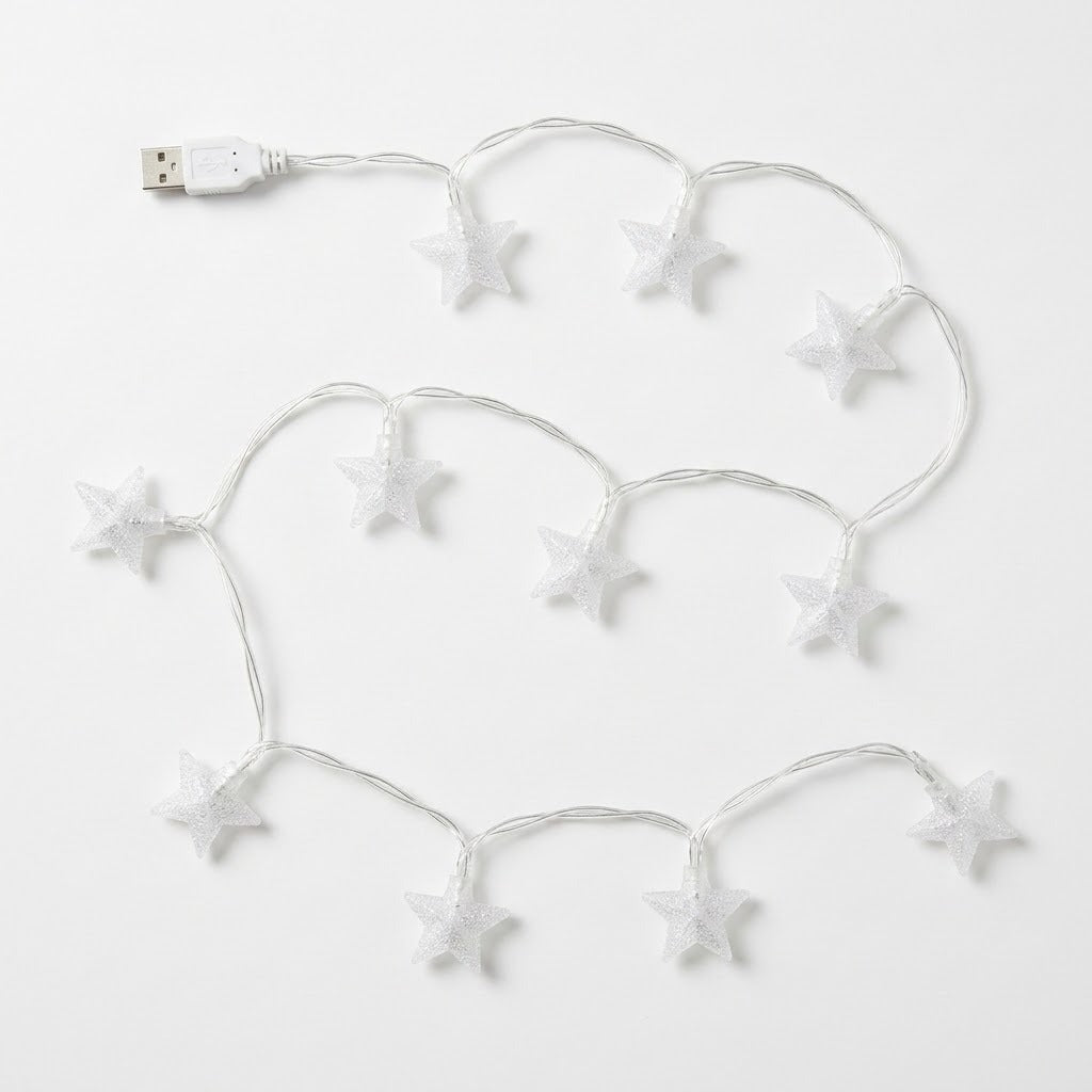 White star-shaped LED fairy string lights with a USB connector, arranged on a plain white background.