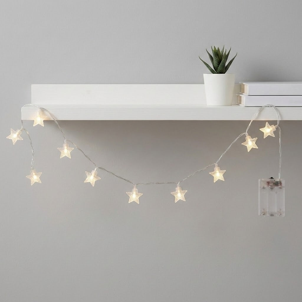 Warm white star-shaped string lights draped over a white floating shelf with a small potted succulent and books on a light gray wall.
