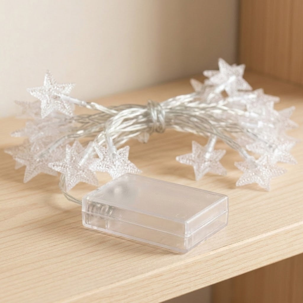 Clear plastic star-shaped string lights with a small transparent battery pack, displayed on a light wood surface.