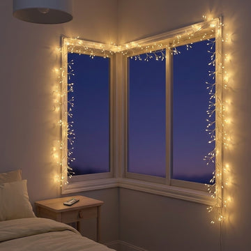 Warm white corner window string lights wrapped around a two-bay window in a bedroom, glowing against a twilight sky.