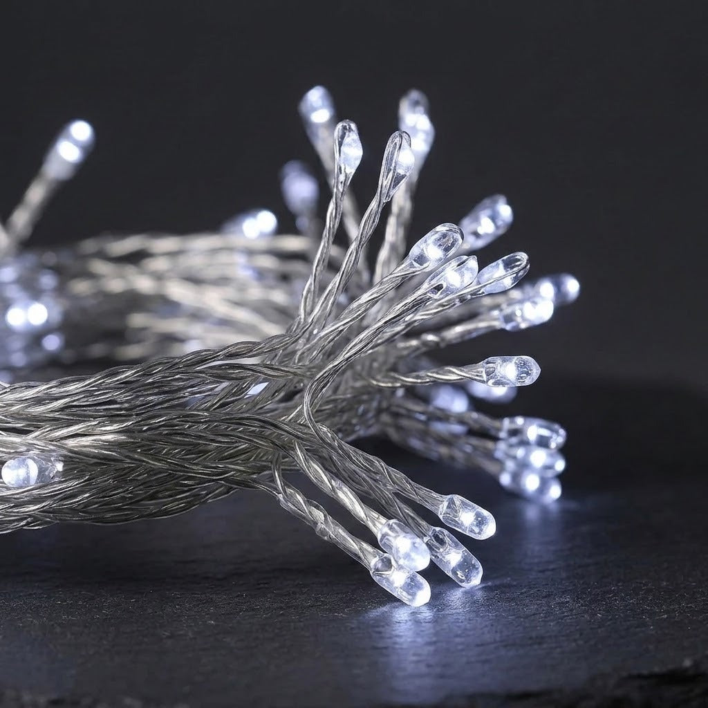 Close-up of a bundle of clear LED string lights on thin silver wires, with several bulbs illuminated, set against a dark background.