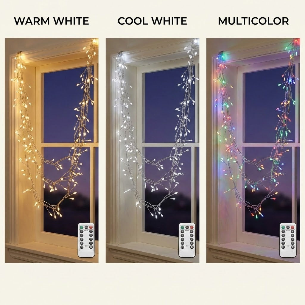 Three panels show window string lights draped around a window at dusk, labeled Warm White, Cool White, and Multicolor, each with a small remote control at the bottom.
