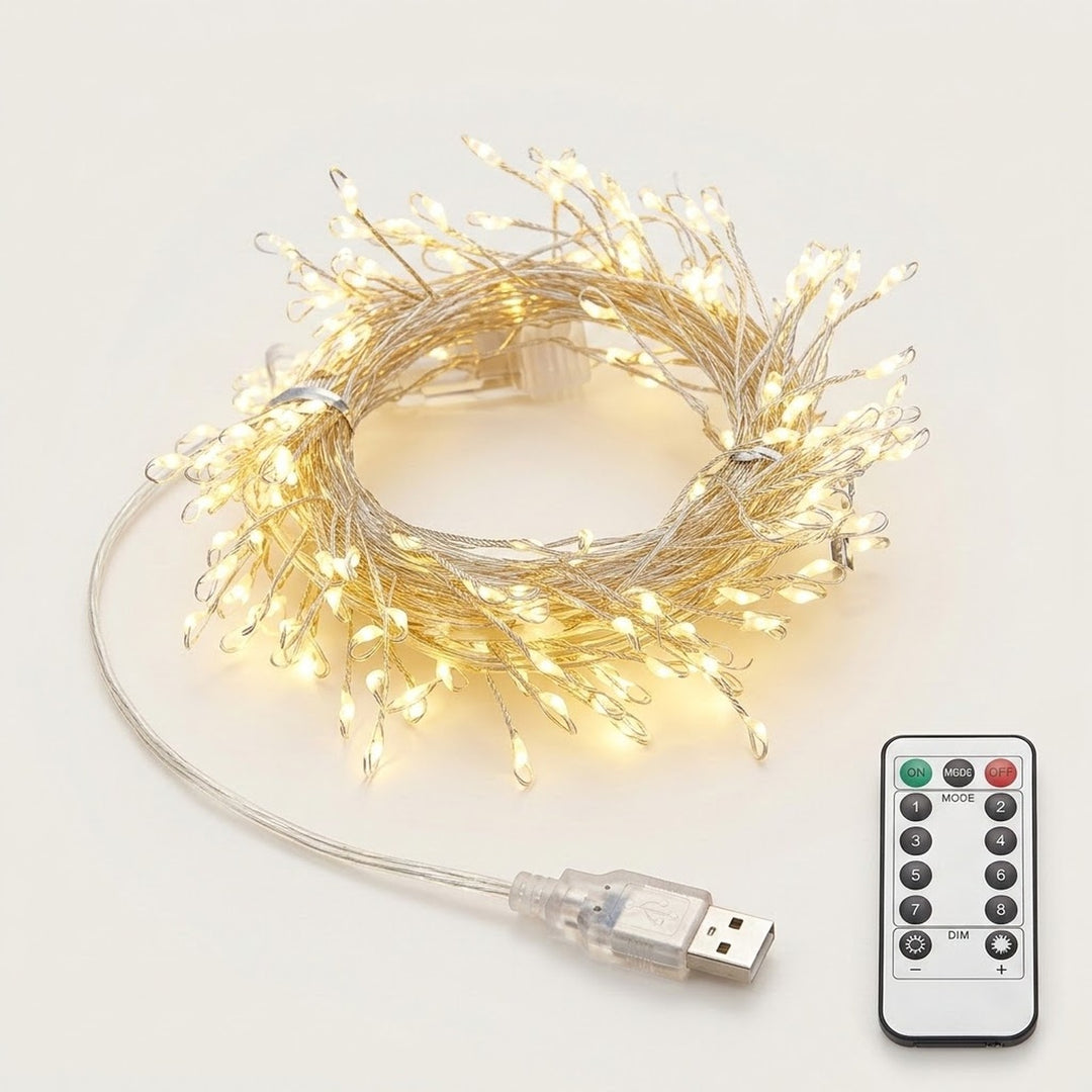 Coiled USB fairy string lights glowing with warm white light, shown with a clear USB connector cable and a white remote control on a light gray background.