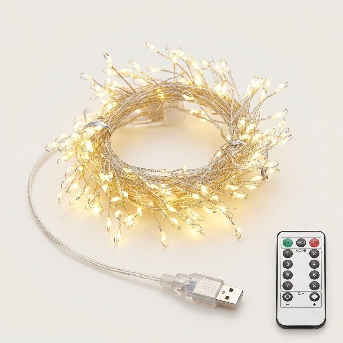 Coiled USB fairy string lights glowing with warm white light, shown with a clear USB connector cable and a white remote control on a light gray background.