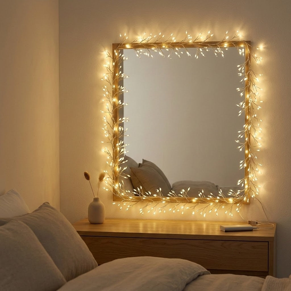 Warm white string lights wrapped around a square mirror with a light wood frame, hanging above a wooden nightstand in a softly lit bedroom.