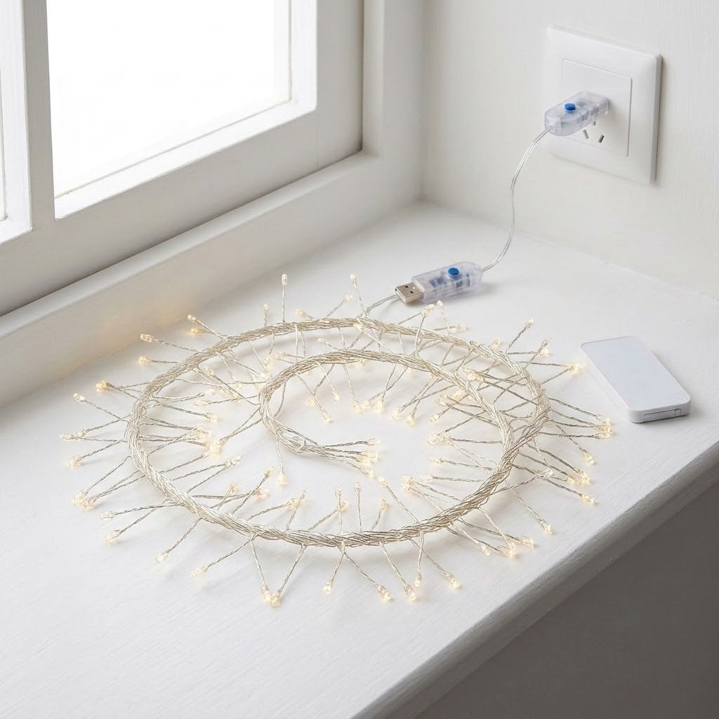Warm white LED fairy string lights coiled on a white windowsill, with a USB plug-in and a small white remote nearby.