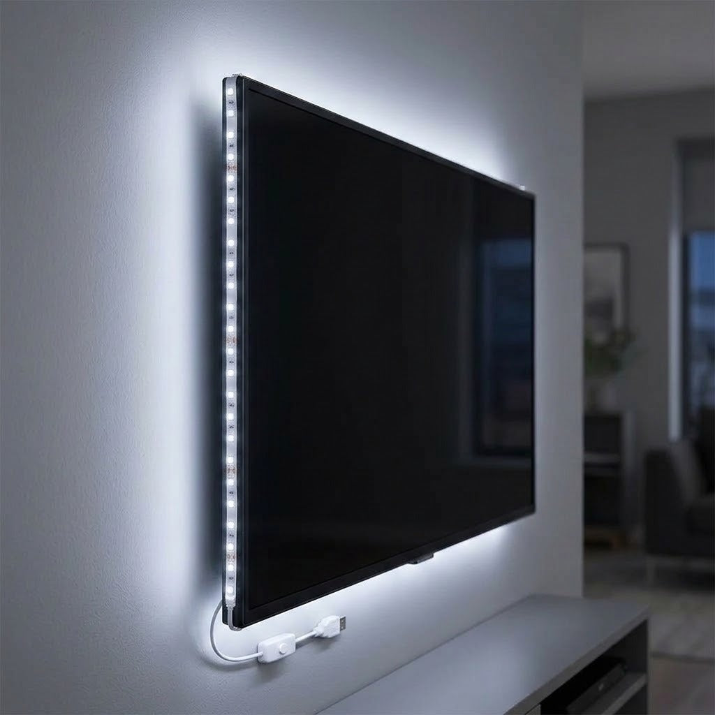 A wall-mounted flat-screen TV with a vertical strip of bright LED light along the left edge, casting a soft glow on the wall. A white power cable hangs below the TV, and the scene is shown in a modern living room setting.