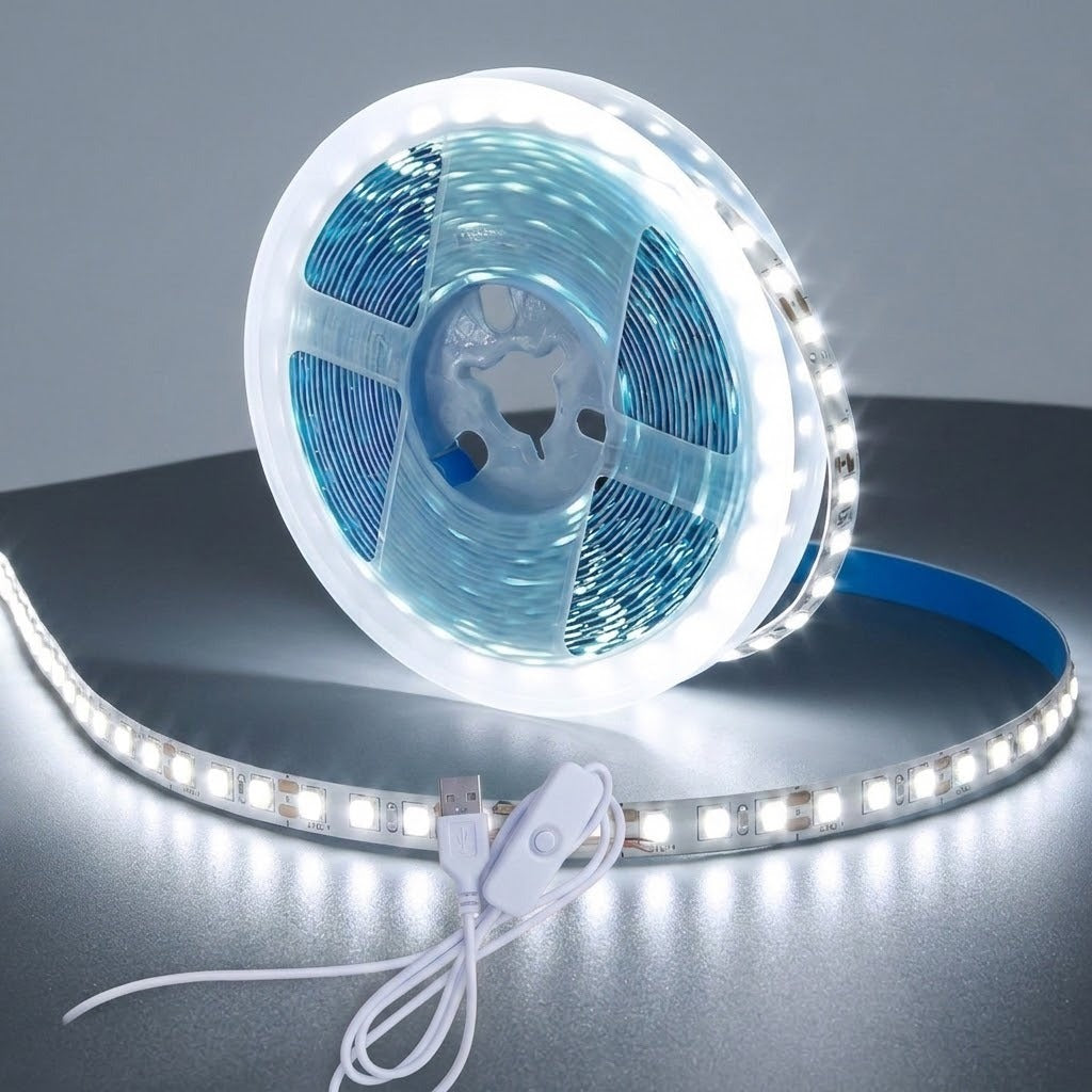 A coiled white LED light strip with a blue backing, shown on a dark reflective surface with its attached power cable and switch.
