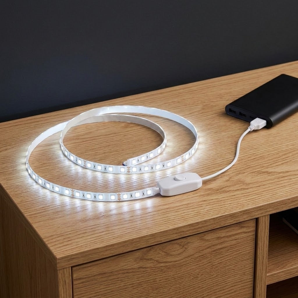 A flexible white LED light strip coiled on a wooden table, connected to a white switch module and shown plugged into a black power bank. The background is a dark gray wall.
