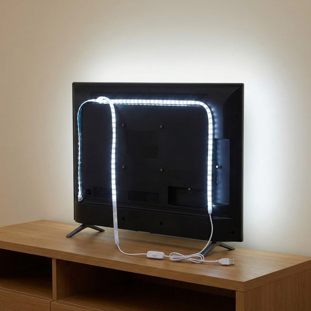 Cool white LED light strip glows across the back of a black television, with a hanging section, inline switch, and USB plug.
