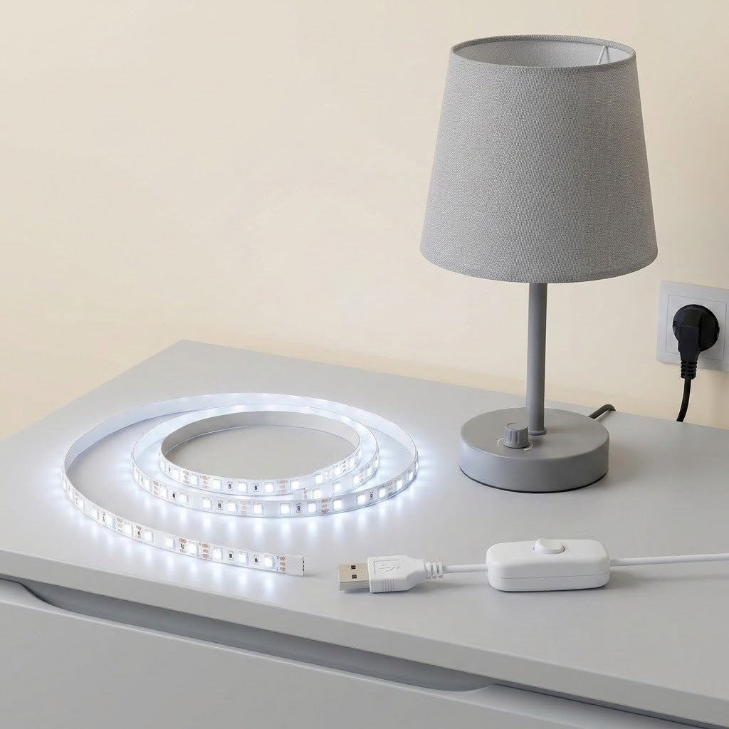 A white LED strip light coiled on a white table next to a gray table lamp, with a white USB controller and power cord nearby. The background is a plain beige wall.