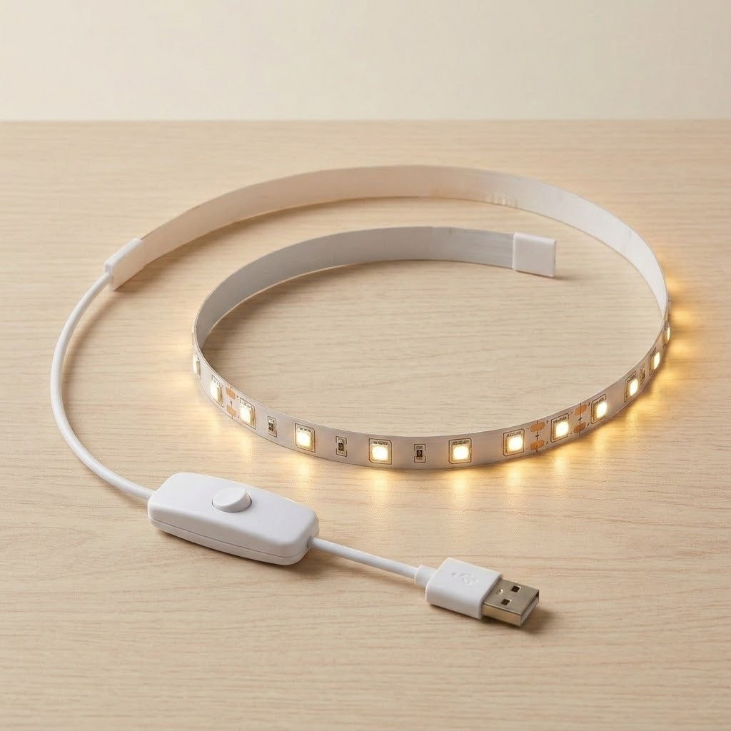 A flexible white LED light strip coiled on a light wood surface, illuminated with a warm yellow glow. The strip includes a white USB connector and a white inline switch module.