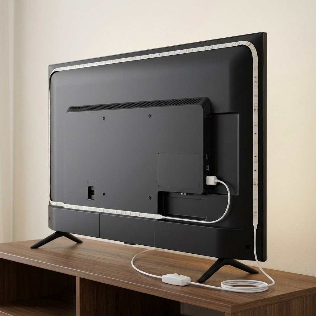 White LED light strip follows the rear edges of a black television, with a white button-switch cable resting on a wooden console.