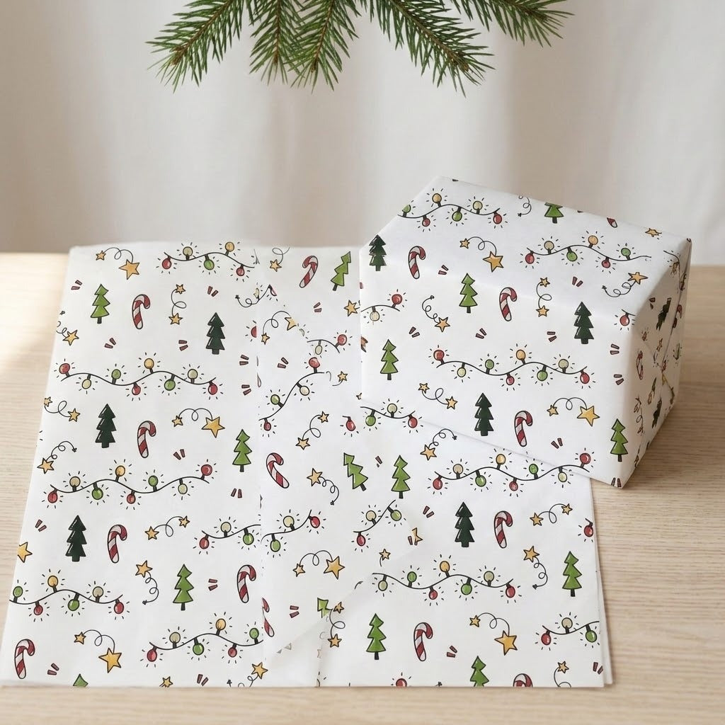White Christmas wrapping paper lies beside a matching wrapped box on a wooden tabletop beneath an evergreen branch.