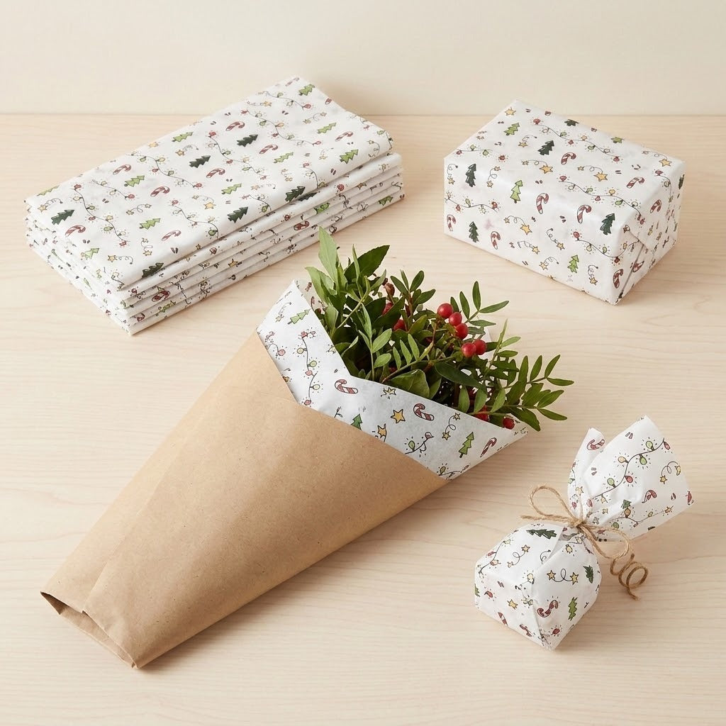 White Christmas wrapping paper appears as stacked sheets, a wrapped box, bouquet lining, and a twine-tied parcel on a pale wooden tabletop.