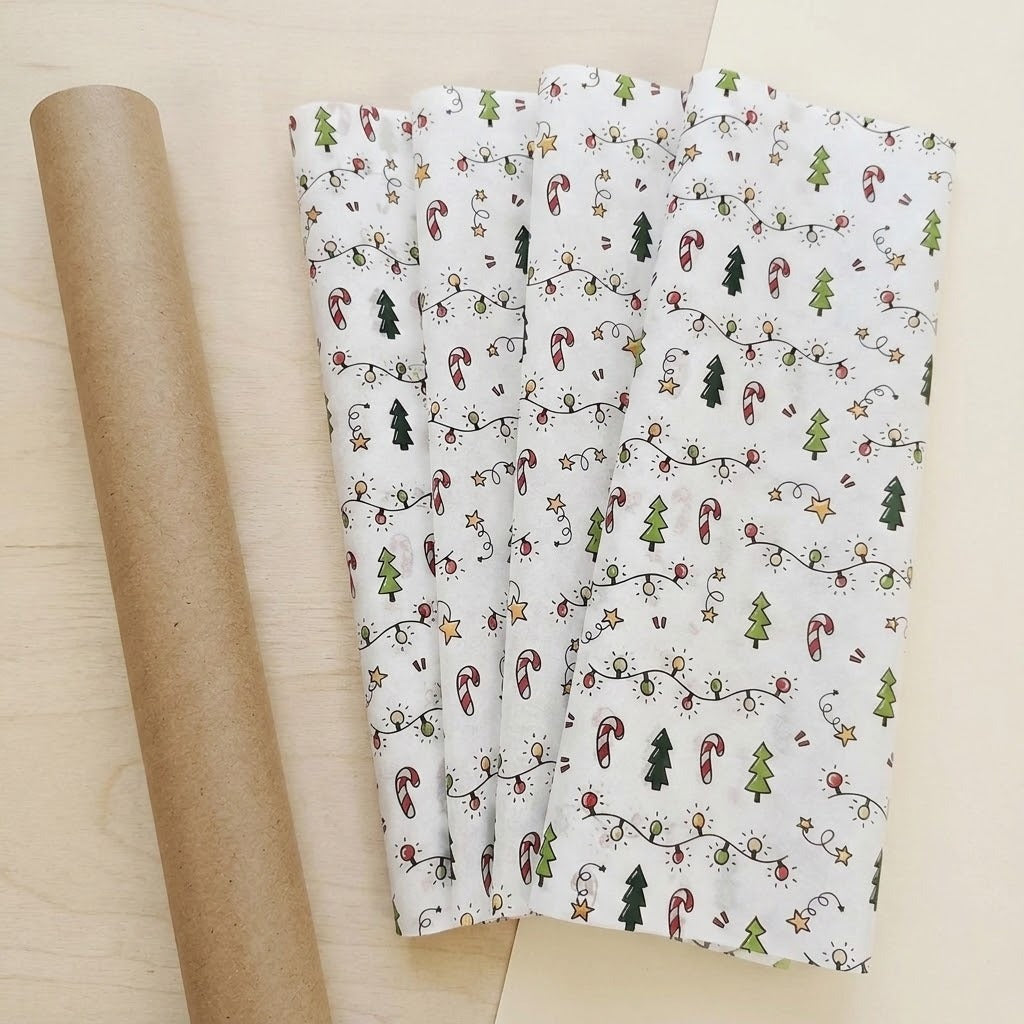White wrapping paper with green trees, red candy canes, and yellow stars lies beside rolled brown paper on a pale wooden surface.