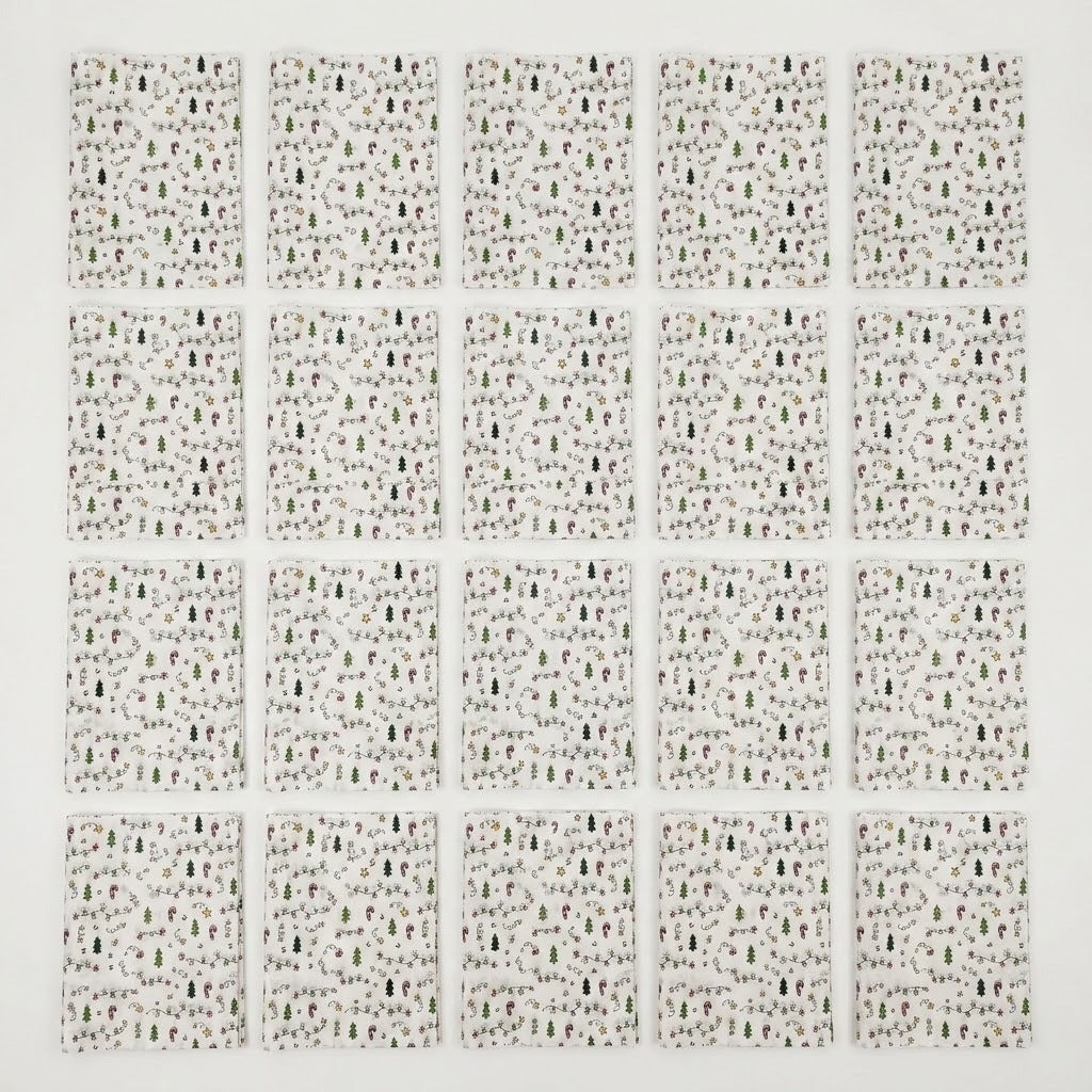 Twenty white wrapping paper sheets with green Christmas trees and festive motifs form four rows of five on a white background.