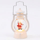 A white plastic decorative lantern with a wire handle and illuminated dancing Santa stands against a plain white background.