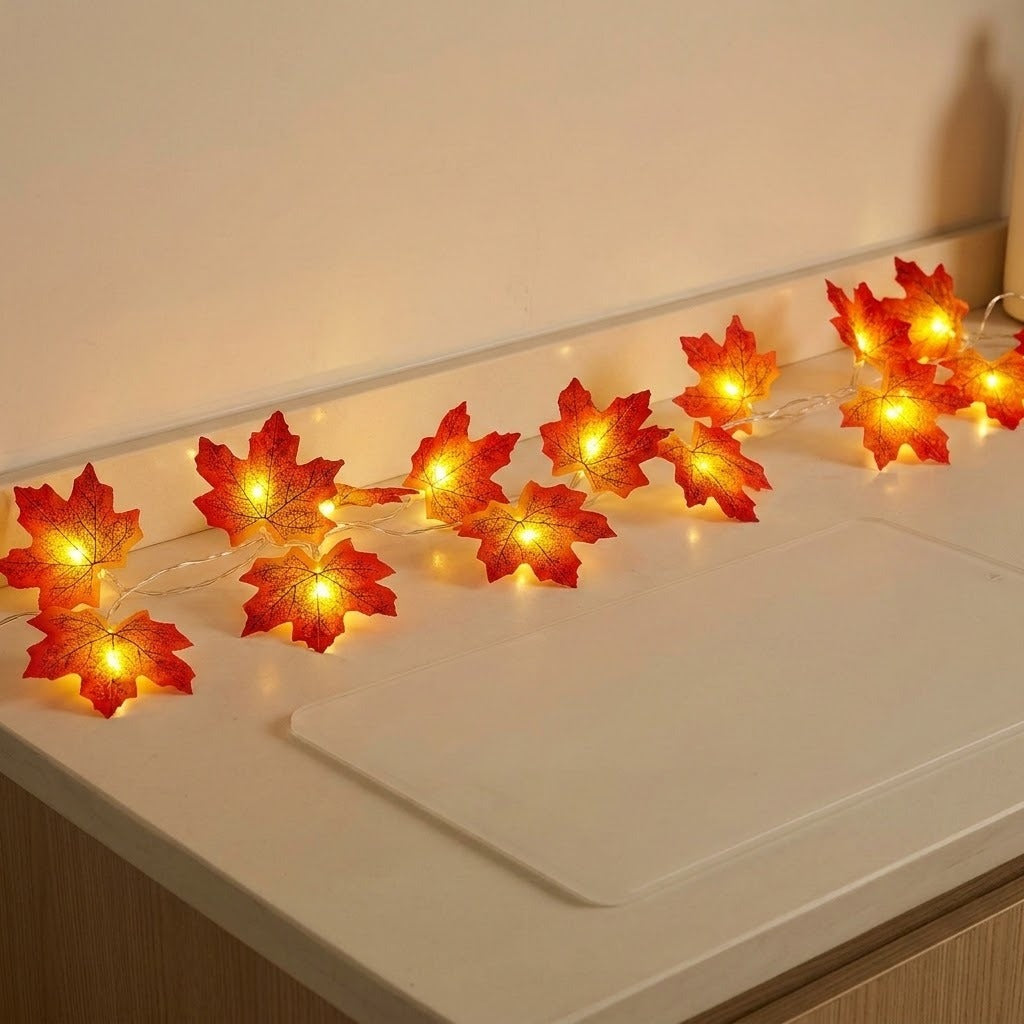Warm white LED maple leaf string lights glowing on a white countertop against a beige wall.