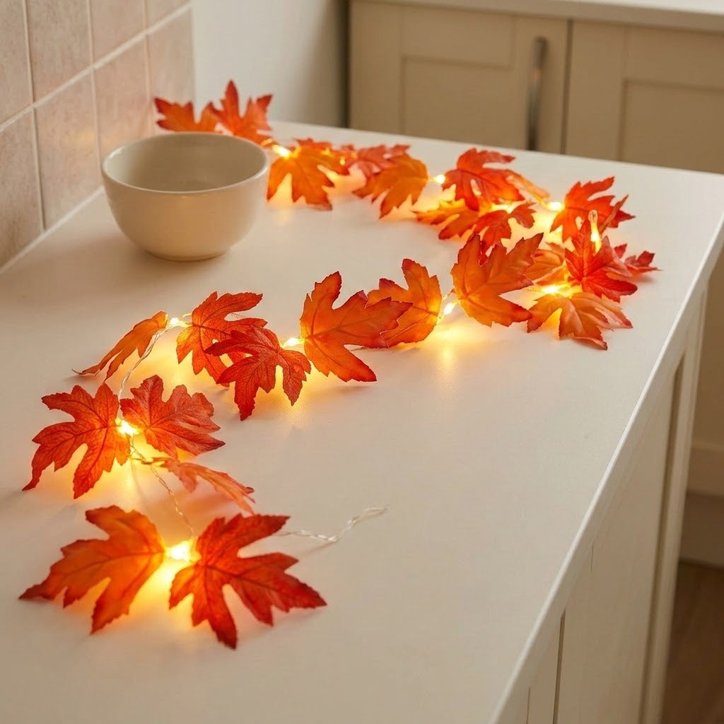 Warm white string lights shaped like orange and red autumn maple leaves draped across a white kitchen counter, with a small bowl nearby.