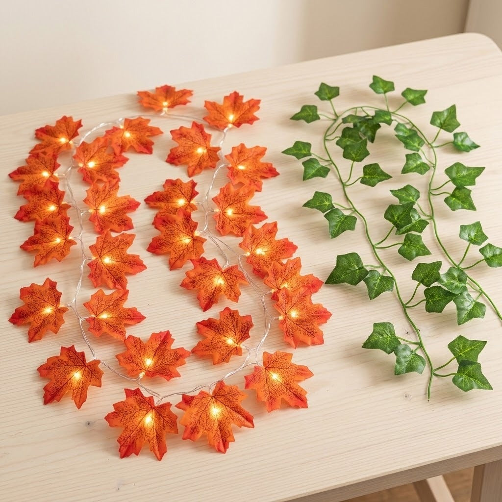 Orange autumn maple leaf string lights with warm glowing bulbs, displayed next to a green ivy garland on a light wood tabletop.