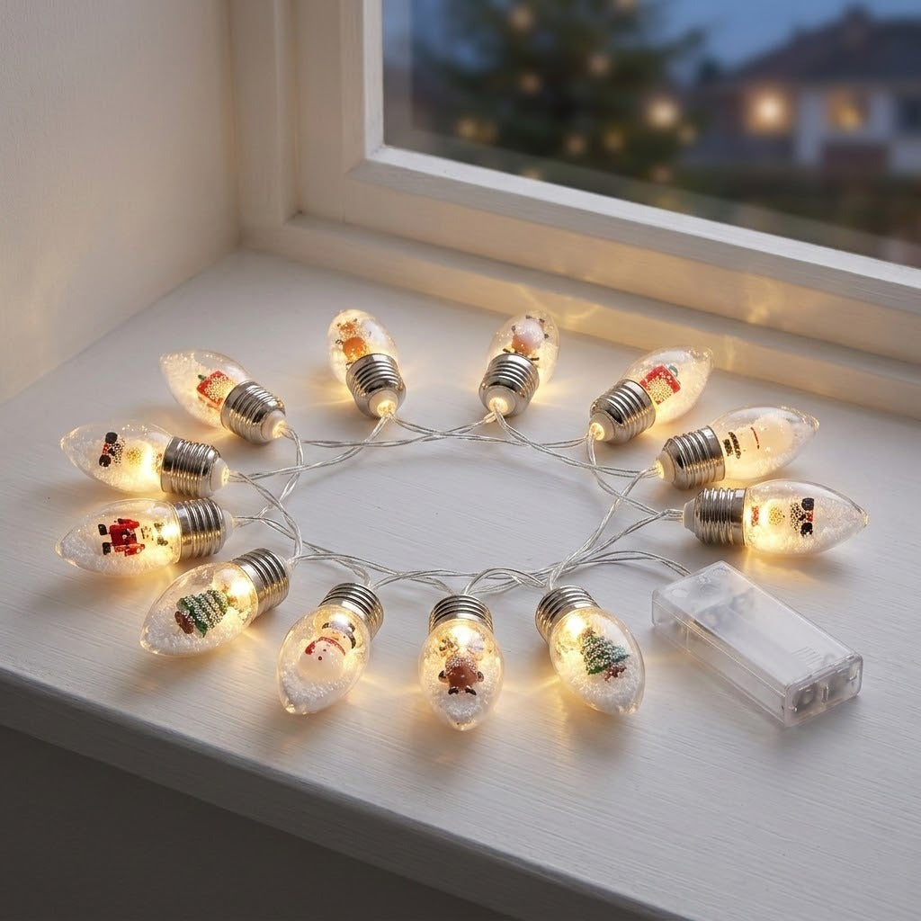 Warm white Christmas string lights with clear, silver-capped bulbs form a circle on a white windowsill beside a translucent battery box.
