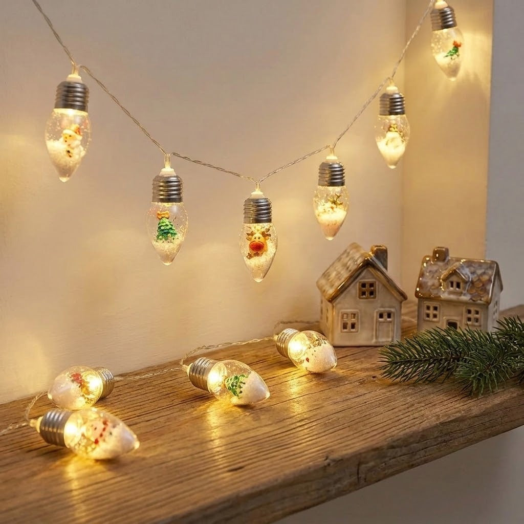 Warm white Christmas string lights with clear bulbs drape against a cream wall and across a wooden shelf beside miniature houses.