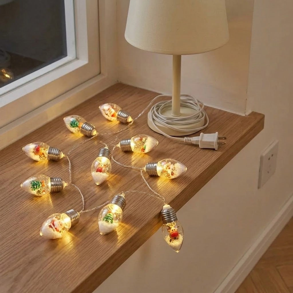 Glowing clear Christmas string lights spread across a wooden windowsill beside a cream table lamp with its cord coiled around the base.