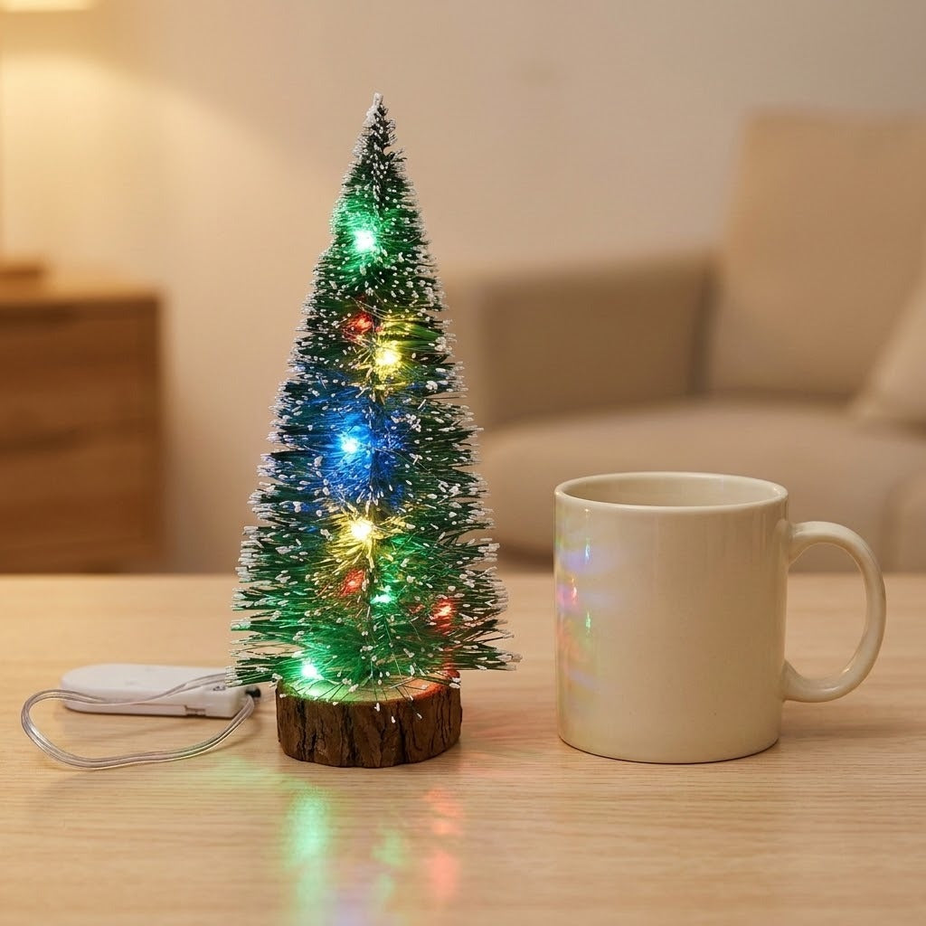 A snow-frosted mini Christmas tree with multicolor LED lights and a wooden-look base sits beside a cream mug, with a sofa behind.