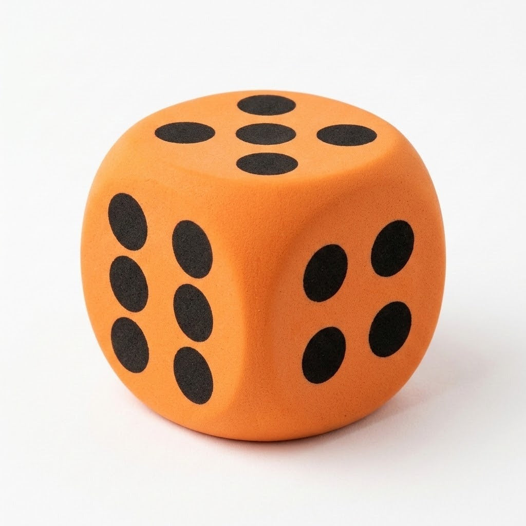 An orange foam die with black dots shows five on top, six on the left, and four on the right against white.