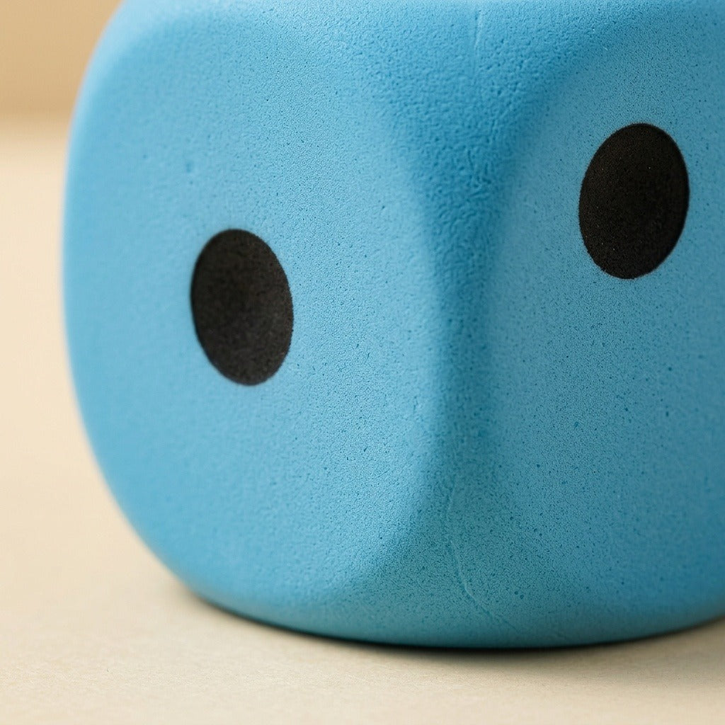 A close-up of a light blue foam die with black circular cutouts, photographed on a warm beige surface.